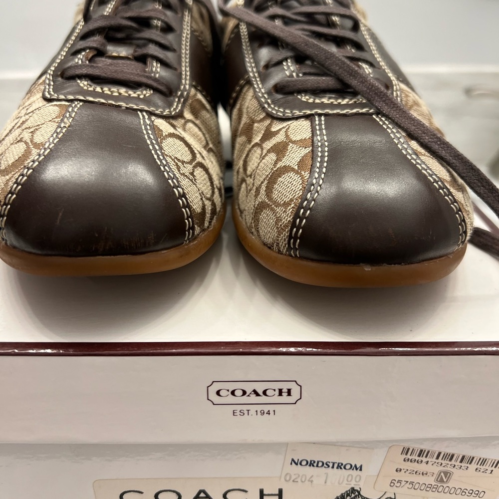 Coach Signature Kirby Pattern Leather and Satin Sneakers in Brown and Tan